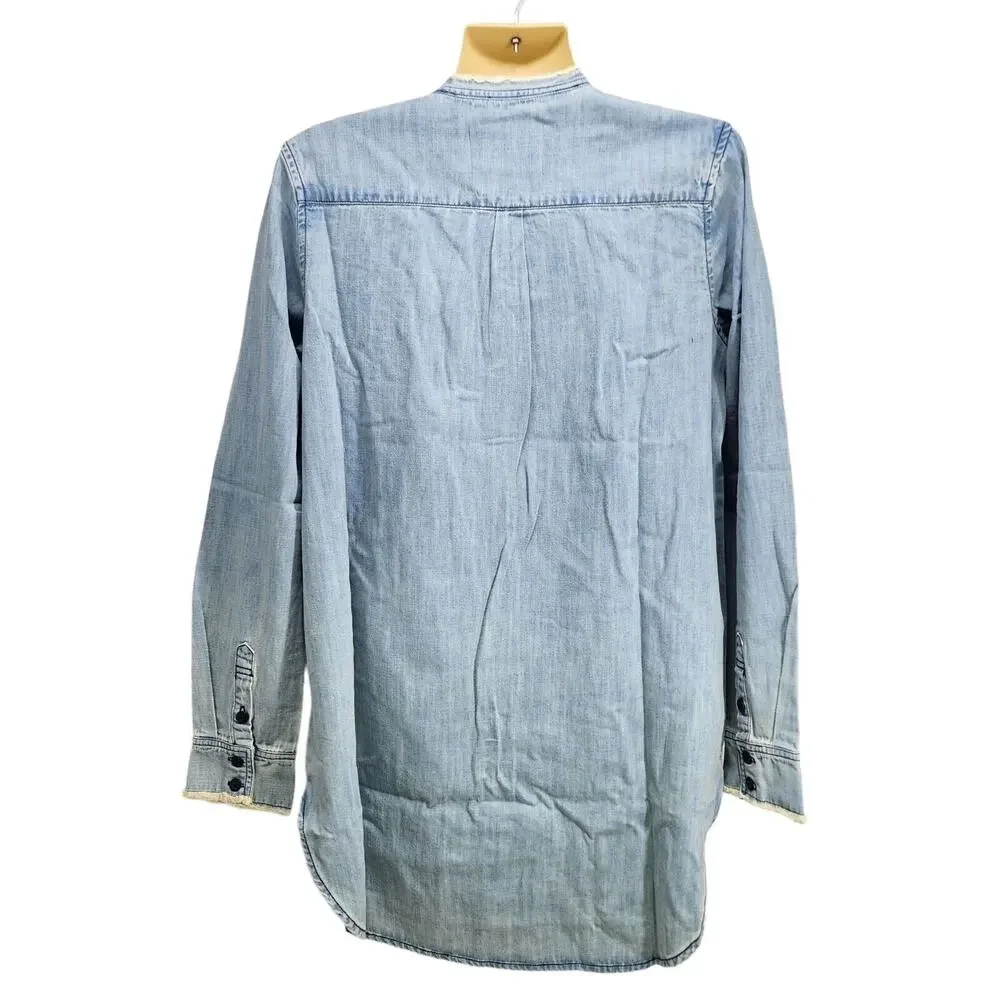 #210 NWT FREE PEOPLE x SANDRINE ROSE Mandarin Neckline Raw Edge Denim Shirt SzSm